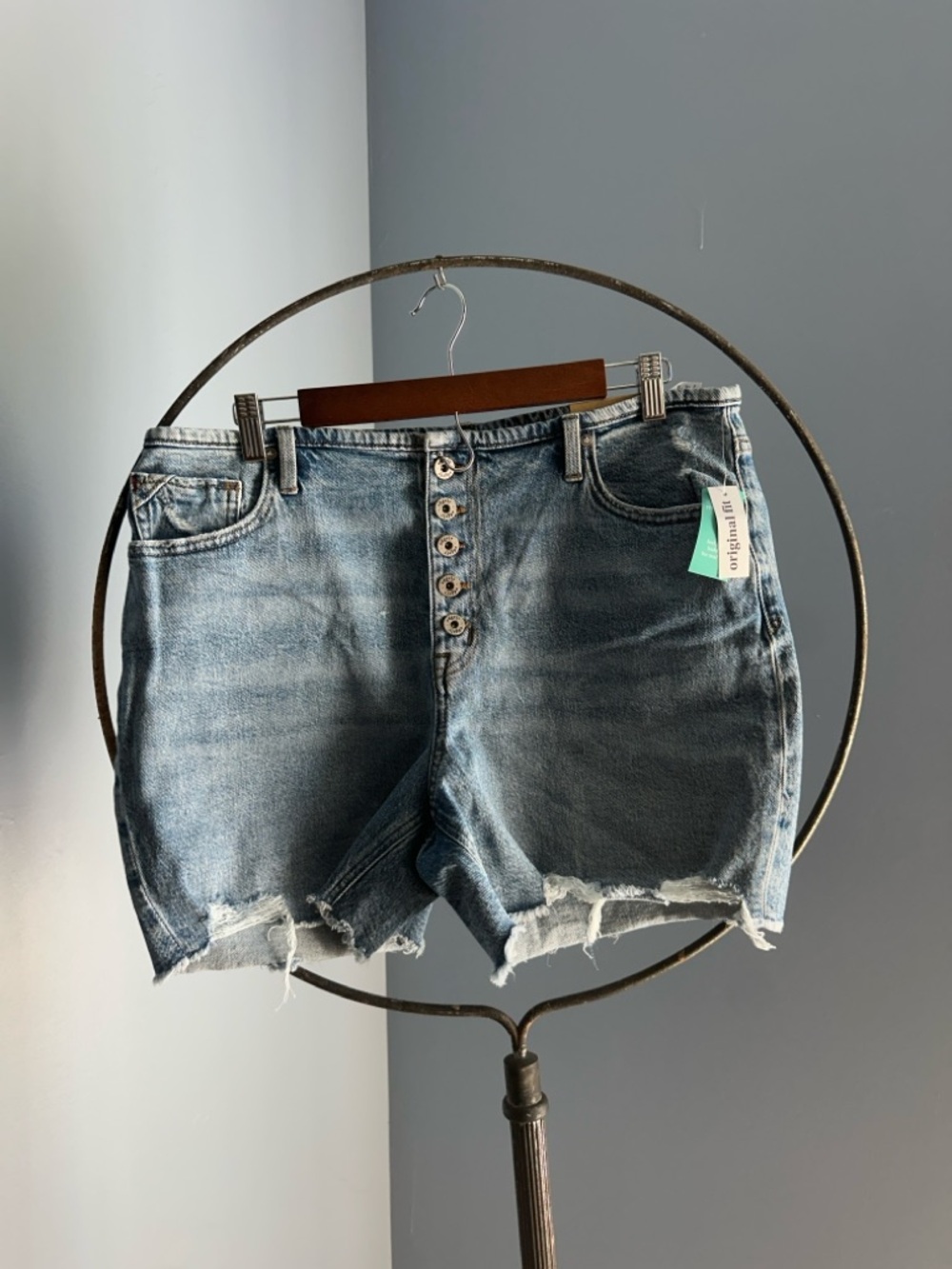 High-Rise Button-Fly Distressed Jean Shorts - Light Blue